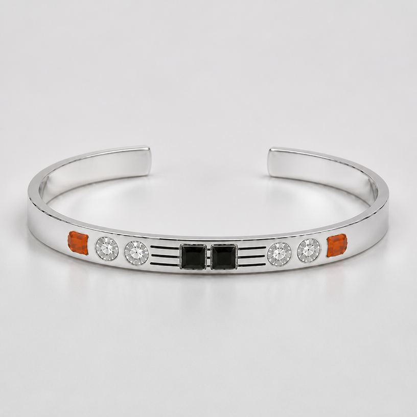 A women's bracelet made of silver. the lines are 4 not 3 on each side
using the attached image as a visual reference, create A women's bracelet made of silver. the lines are 4 not 3 on each side. photorealistic, just the design no text