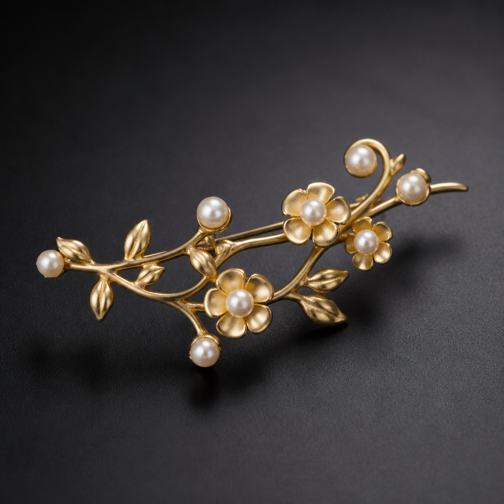 A minimalist women's brooch made of gold with pearl stones suitable for daily wear, highly ornate, intricate and elaborate, richly detailed. delicado y sencillo con florecitas
photorealistic jewelry design, A minimalist women's brooch made of gold with pearl stones suitable for daily wear, highly ornate, intricate and elaborate, richly detailed. delicado y sencillo con florecitas, minimalist style, just the design no text