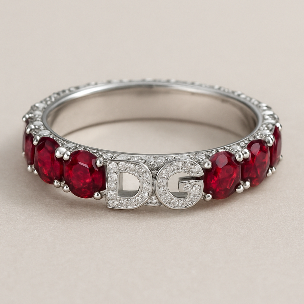 ruby ring with D and G letters