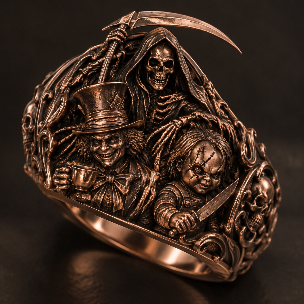 A rustic men's ring made of rose gold suitable for formal. a reaper with a skeleton with the madhatter with chucky
photorealistic jewelry design, A rustic men's ring made of rose gold suitable for formal. a reaper with a skeleton with the madhatter with chucky, rustic style, just the design no text