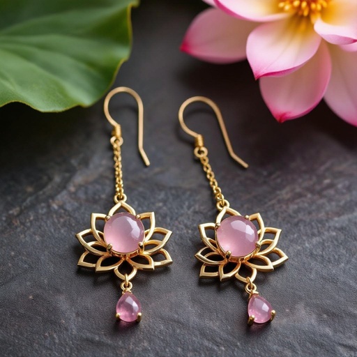 Светлое матовое золото. Серьги с лотосом на длинных цепочках. По центру лотоса неровный камень необрабаботанного розового кварца, от лотоса идет цепочка с еще одним камнем кварца на конце. Серьги тонкие и легкие