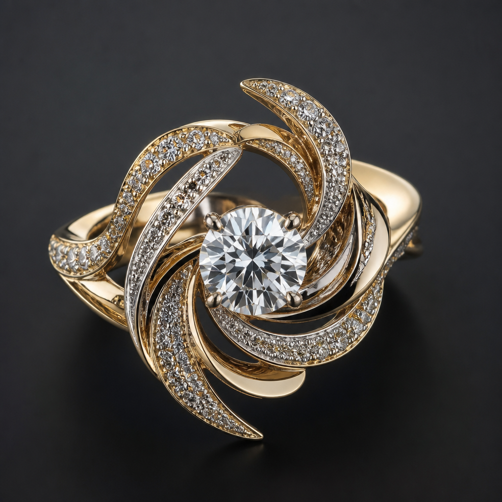 A avant-garde women's ring made of mixed metal with diamond stones suitable for festival. An extraordinary excellent beautiful delicate and elegant solitaire women ring. Face of the ring.
photorealistic jewelry design, A avant-garde women's ring made of mixed metal with diamond stones suitable for festival. An extraordinary excellent beautiful delicate and elegant solitaire women ring. Face of the ring., avant_garde style, just the design no text