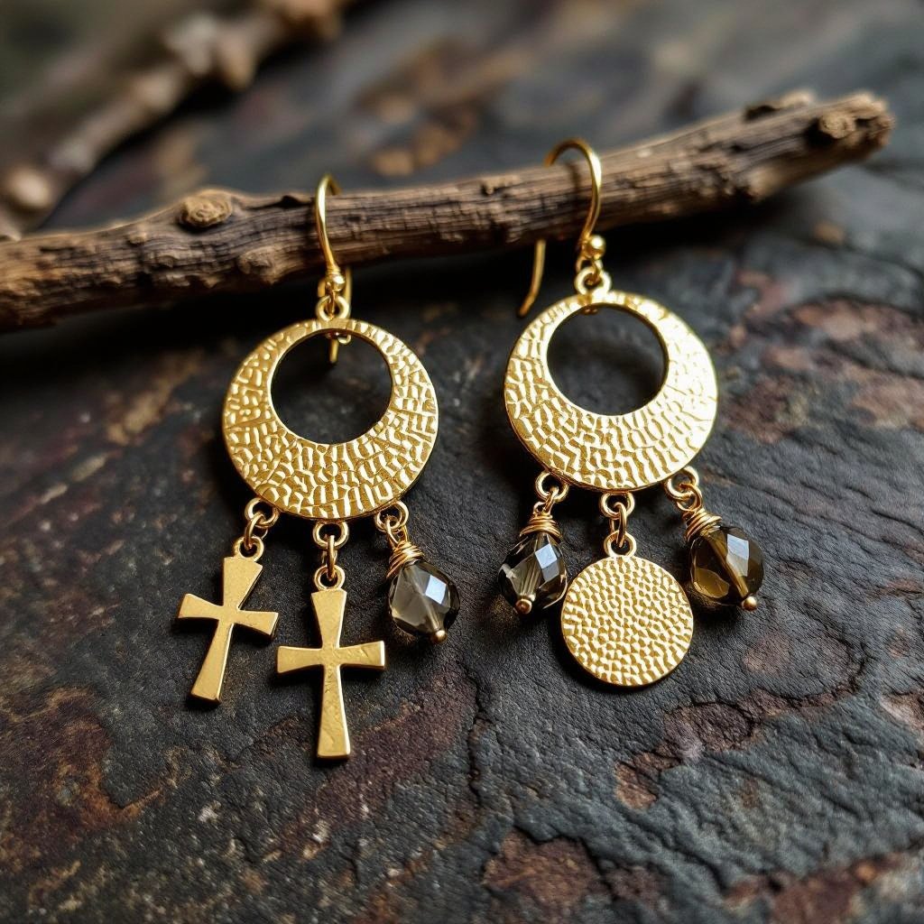 Золотые серьги словно мятое золото в форме узкого изящного полумесяца. Верхушка полумесяца крепится к застежке серьги. К нижней части полумесяца крепятся три подвески: миниатюрный золотой египетриский крест, очень маленький кристалл раухтопаза и маленький золотой кружочек с мятым эффектом плоский