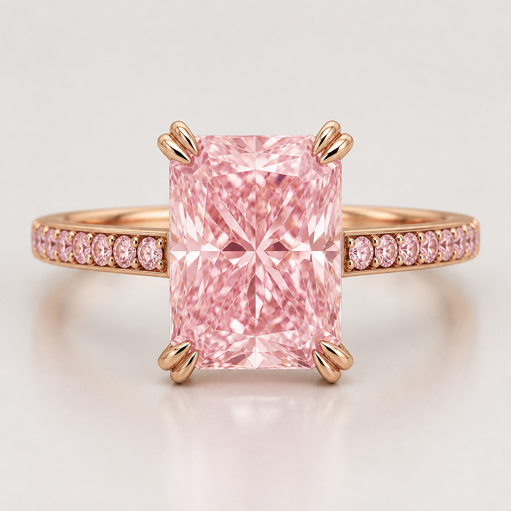 Design me a ring with a pink radiant center stone. I want the prongs to be double claw prongs and for it to have a 1 row pink pave.
photorealistic jewelry design, Design me a ring with a pink radiant center stone. I want the prongs to be double claw prongs and for it to have a 1 row pink pave. , modern style, just the design no text