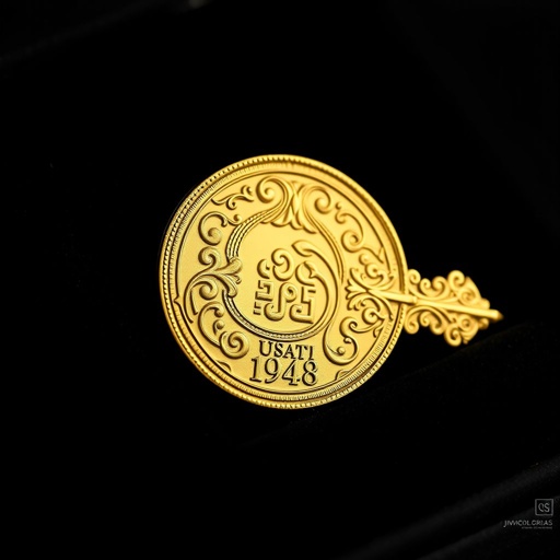 A luxurious, key-shaped gold ingot (24k) weighing 10 grams, designed as a symbolic tribute to Palestinian heritage. The front face features a delicate engraving of the Palestinian keffiyeh pattern wrapping the entire surface subtly, with a circular head and a clean matte finish. Below the head, the number 1948 is discreetly inscribed, evoking historical memory. The reverse side includes standard bar markings — weight, purity (999.9), and assay certification. No hole or loop is present. The design blends modern elegance with deep cultural symbolism, ready for presentation in premium packaging.