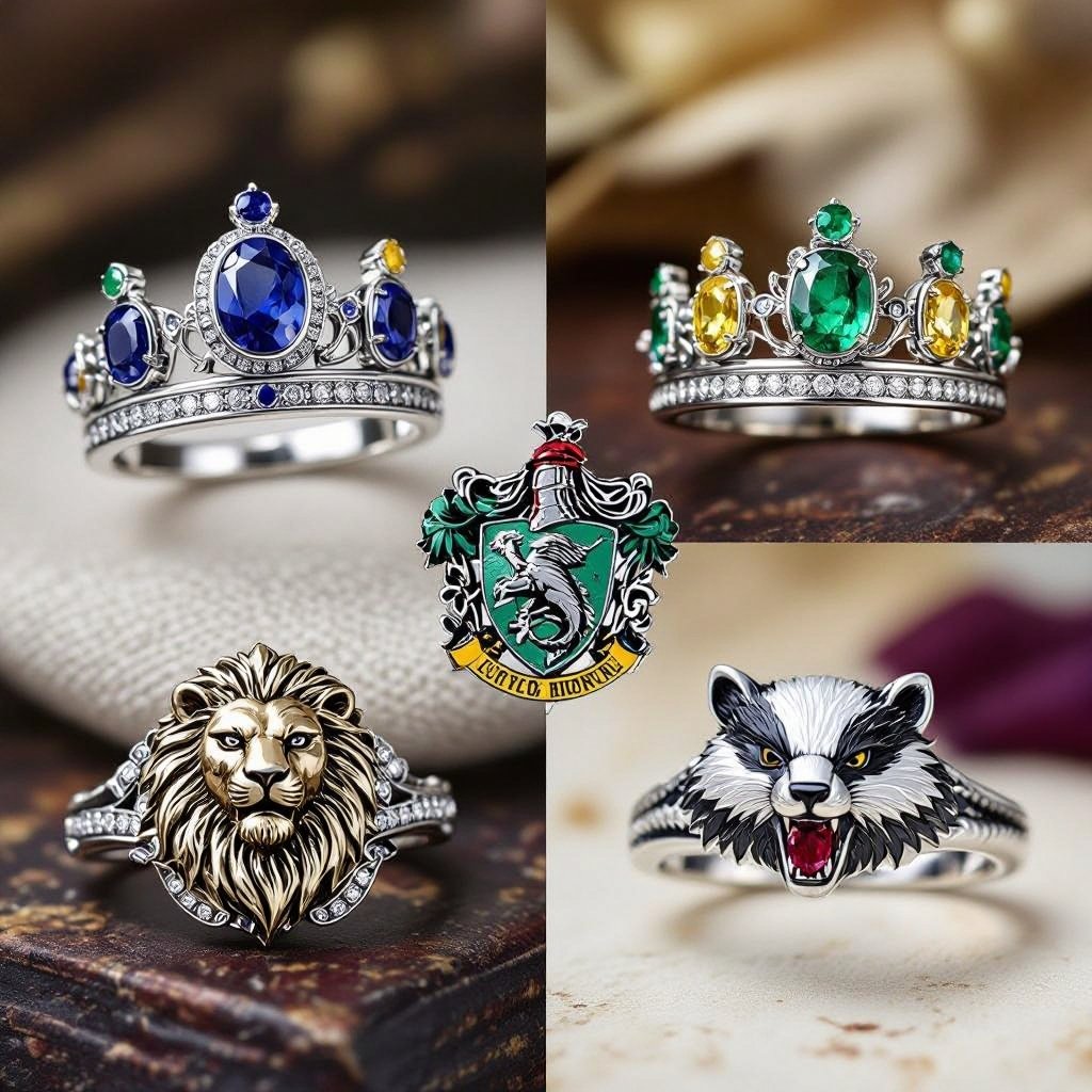 Blue Saphire Stones for Ravenclaw, Green emeralds for Slytherin, red rubins for Griffindor, yellow diamonds for Hufflepuff, Harry Potter Style, in the form of the fitting animals. Male it Four crowns. Silver crowns