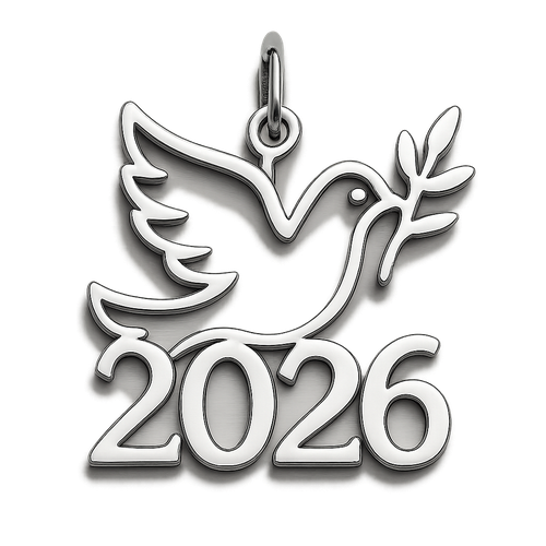 Silver cut-out charm blending together the pigeon of peace hold an olive branch along the year 2026