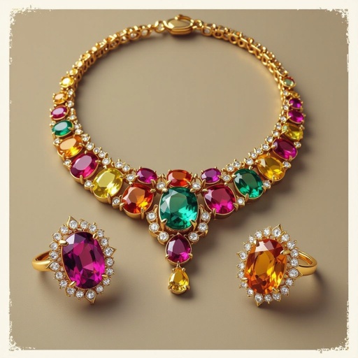 Necklace and ring and earring with luxury colorful jewel with gold