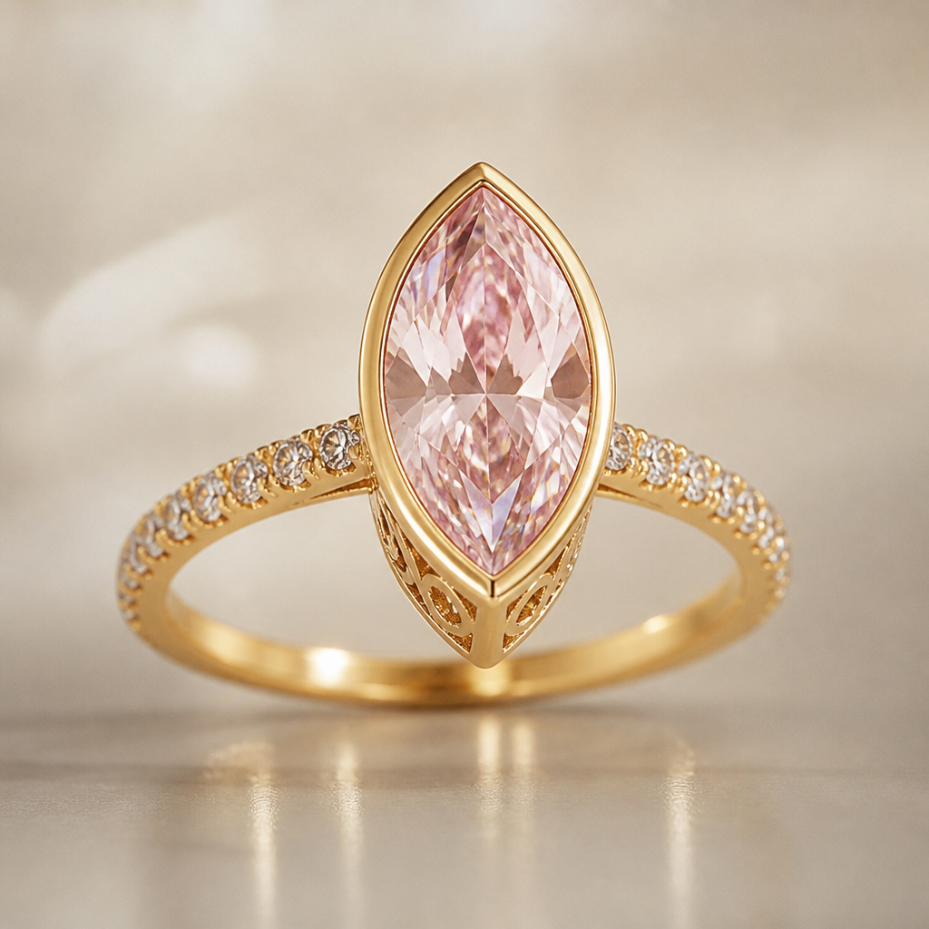 A luxury women's ring made of gold with diamond stones suitable for engagement. "2-carat marquise-cut pink lab-grown diamond set in a yellow gold bezel setting with an elegant cathedral basket and decorative gallery underneath the stone. Thin 18k yellow gold band, subtle pavé accents, elevated center stone, luxurious engagement ring, feminine, timeless, old-money elegance, realistic jewelry photography."
photorealistic jewelry design, A luxury women's ring made of gold with diamond stones suitable for engagement. "2-carat marquise-cut pink lab-grown diamond set in a yellow gold bezel setting with an elegant cathedral basket and decorative gallery underneath the stone. Thin 18k yellow gold band, subtle pavé accents, elevated center stone, luxurious engagement ring, feminine, timeless, old-money elegance, realistic jewelry photography.", luxury style, just the design no text