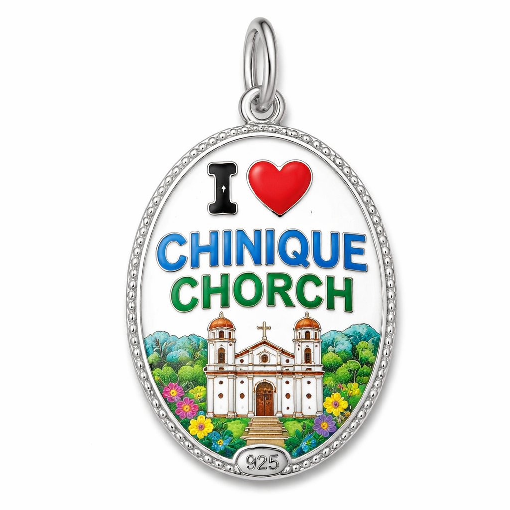Oval pendant charm silver 925 with I love Chinique chorch with enamel finish
