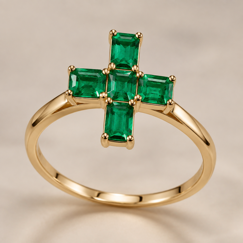 A women's ring. una cruz de oro con 5 esmeraldas
photorealistic jewelry design, A women's ring. una cruz de oro con 5 esmeraldas, modern style, just the design no text