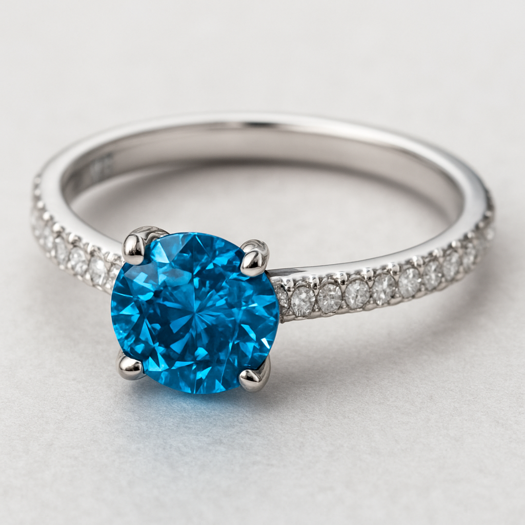A diamond ring with a blue diamond