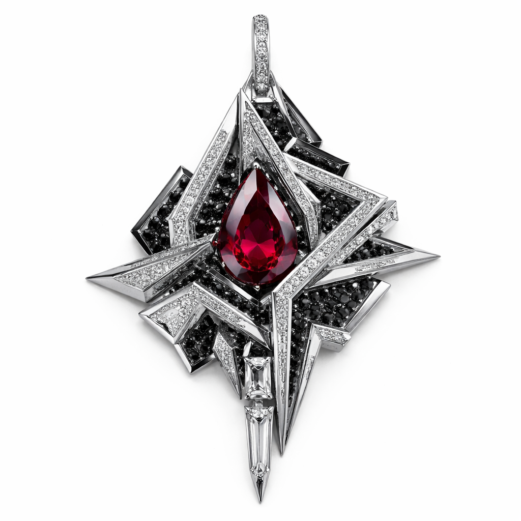 Modern pendant Geomatric shape and architecture shape and voulme of edgy style with diamonds and black diamonds and rubybof white background