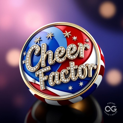 Red white and blue medal ring that says cheer factor