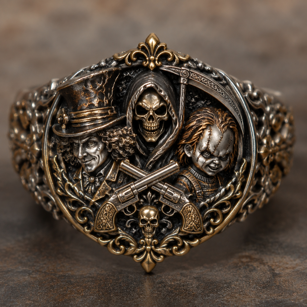 A bohemian women's ring made of mixed metal suitable for daily wear, detailed and decorative, moderately ornate. madhatter a reaper and Chucky and 2 pistols crossing
photorealistic jewelry design, A bohemian women's ring made of mixed metal suitable for daily wear, detailed and decorative, moderately ornate. madhatter a reaper and Chucky and 2 pistols crossing, bohemian style, just the design no text