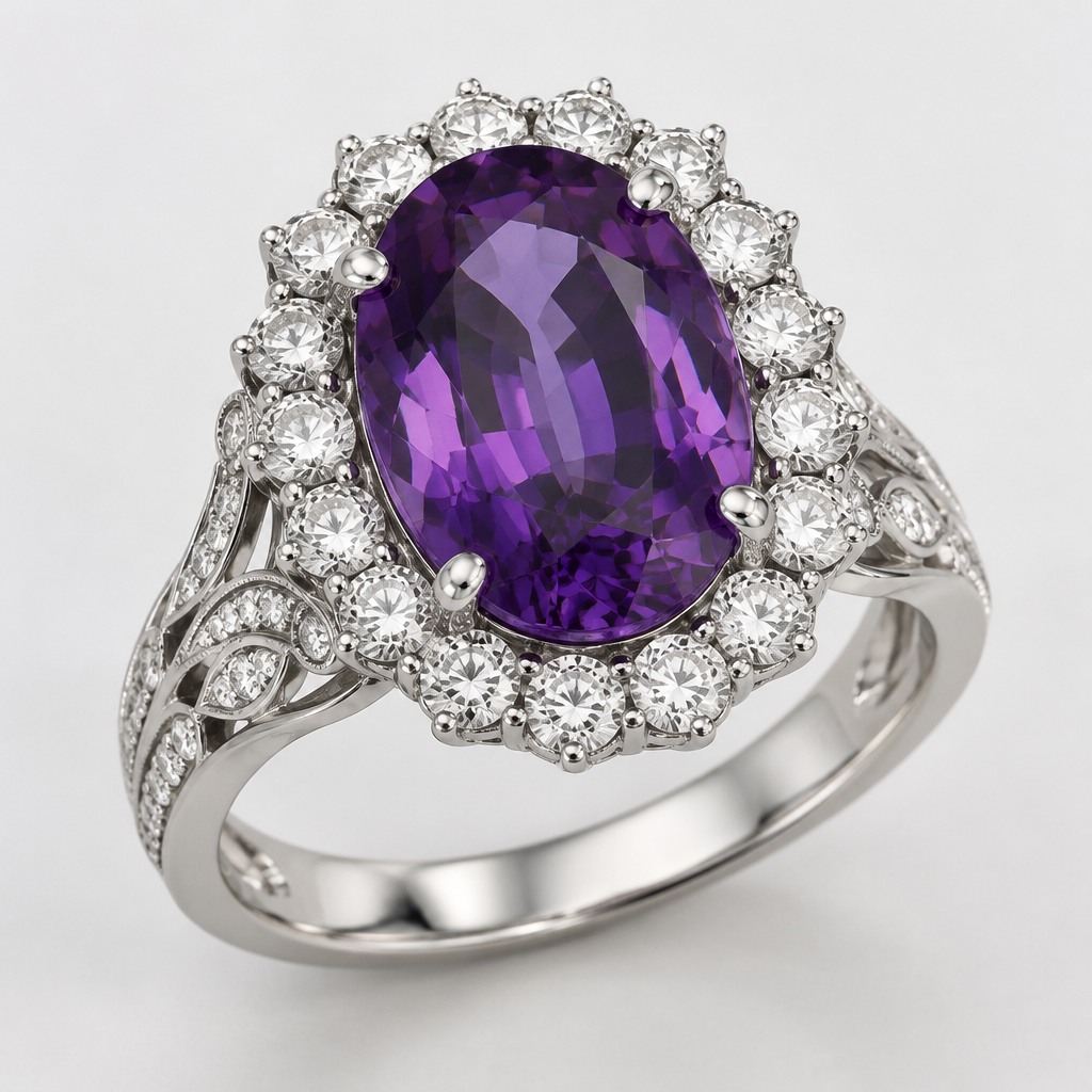 A women's ring, detailed and decorative, moderately ornate. ele era feito em ouro branco de 18 quilates e traz no centro uma safira roxo púrpura oval de 12 quilates, rodeada por um halo com 20 diamantes brancos.
photorealistic jewelry design, A women's ring, detailed and decorative, moderately ornate. ele era feito em ouro branco de 18 quilates e traz no centro uma safira roxo púrpura oval de 12 quilates, rodeada por um halo com 20 diamantes brancos., modern style, just the design no text