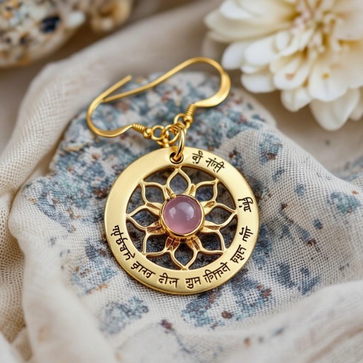 Gold-colored matte ring earrings. The diameter is 1 cm. Pendant in the form of a flat lotus with 6 petals. In the center of the lotus is a rose quartz stone. There are mantras in Sanskrit in small print on the petals.