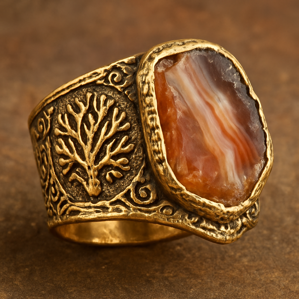 Gold pleated ring made from recycled silver with a coral imprint and raw cut agate 