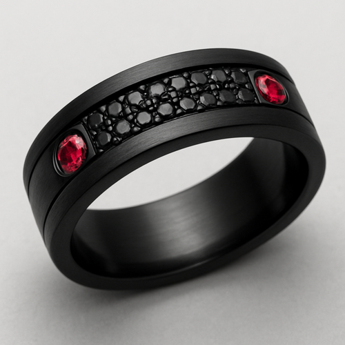 Men’s thick wedding band black with black stones and 2 rubies 