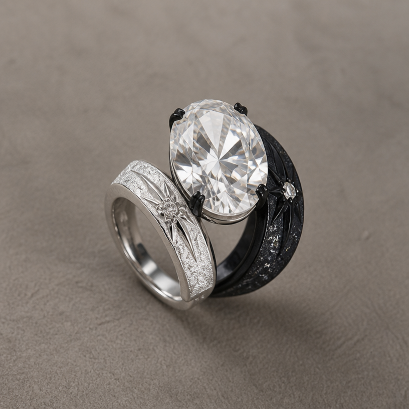 A women's ring. with a 10 ct oval
using the attached image as a visual reference, create A women's ring. with a 10 ct oval. photorealistic, just the design no text