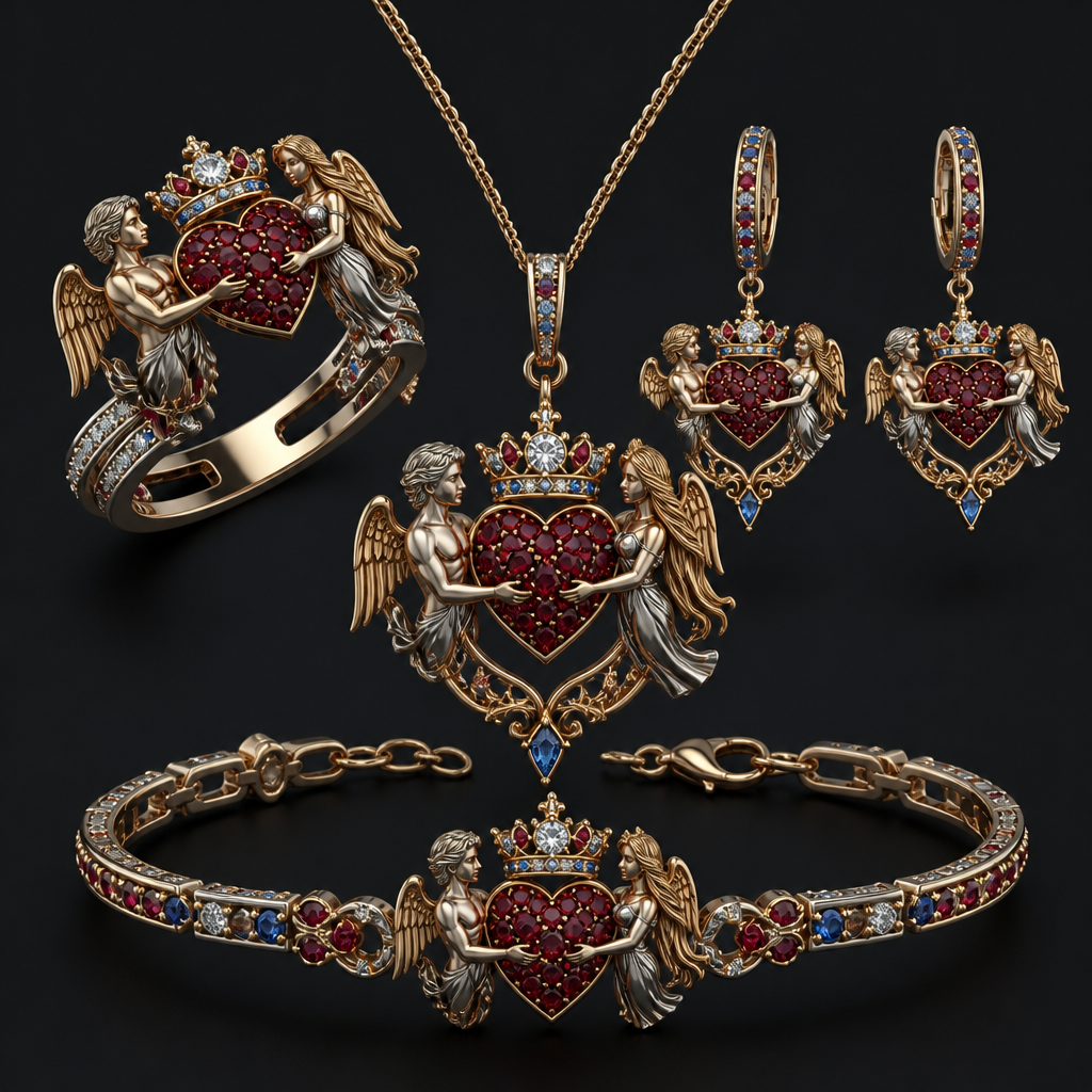A romantic women's ring made of mixed metal with diamond and ruby and sapphire stones suitable for wedding. An extraordinary excellent beautiful delicate and elegant set of jewelry with one ring, two ear rings, one pendant and one bracelet, with a heart in the middle which will be full of rubies, an extraordinary beautiful delicate and elegant female Angel with long hair at the right side of the heart and an extraordinary fit beautiful delicate and elegant male Angel at the left side of the heart, both Angels are to hold a heart with their right hand and a rose with their left hand, over the central heart is to be placed a beautiful, delicate elegant and extraordinary excellent crown with a diamond at the middle of the crown and around the crown to be placed rubies and sapphires the crown to be placed on the heart.