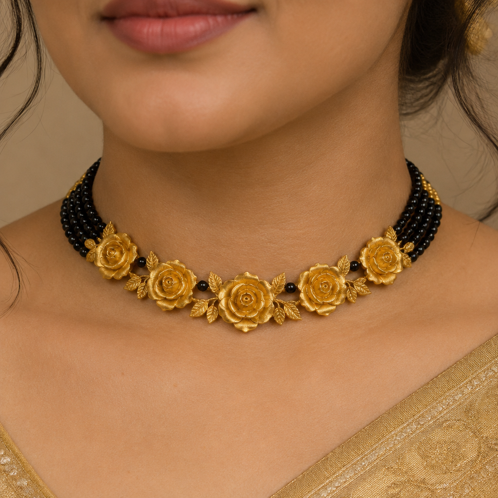 A women's necklace made of gold suitable for wedding. A traditional 22K gold mangalsutra necklace with 3 layers of black beads. The necklace should sit close to the neck like a choker/collar. Add exactly 7 beautiful gold rose-shaped flowers evenly arranged across the front, with delicate detailed petals. Black mangalsutra beads should be visible behind the gold floral design. Elegant, traditional Indian jewellery, symmetrical design, realistic 22K gold, luxurious but not too heavy, close-fitting around the neck
photorealistic jewelry design, A women's necklace made of gold suitable for wedding. A traditional 22K gold mangalsutra necklace with 3 layers of black beads. The necklace should sit close to the neck like a choker/collar. Add exactly 7 beautiful gold rose-shaped flowers evenly arranged across the front, with delicate detailed petals. Black mangalsutra beads should be visible behind the gold floral design. Elegant, traditional Indian jewellery, symmetrical design, realistic 22K gold, luxurious but not too heavy, close-fitting around the neck, modern style, just the design no text