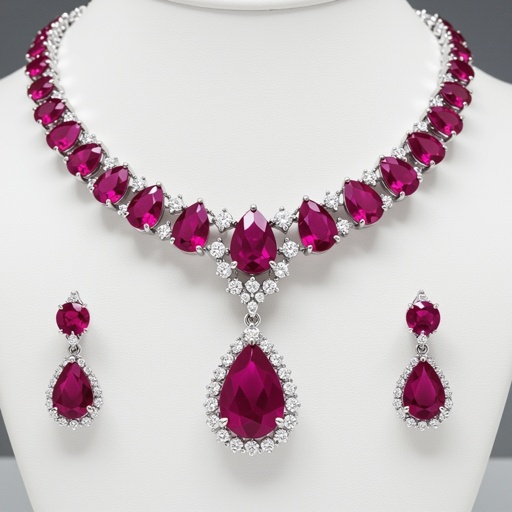 Ruby luxury necklace long pear drop style and luxury earring set Platinum necklace, ruby pear drops, diamond accents, prong setting. Matching platinum earrings, ruby pear drops, diamond accents, prong setting.