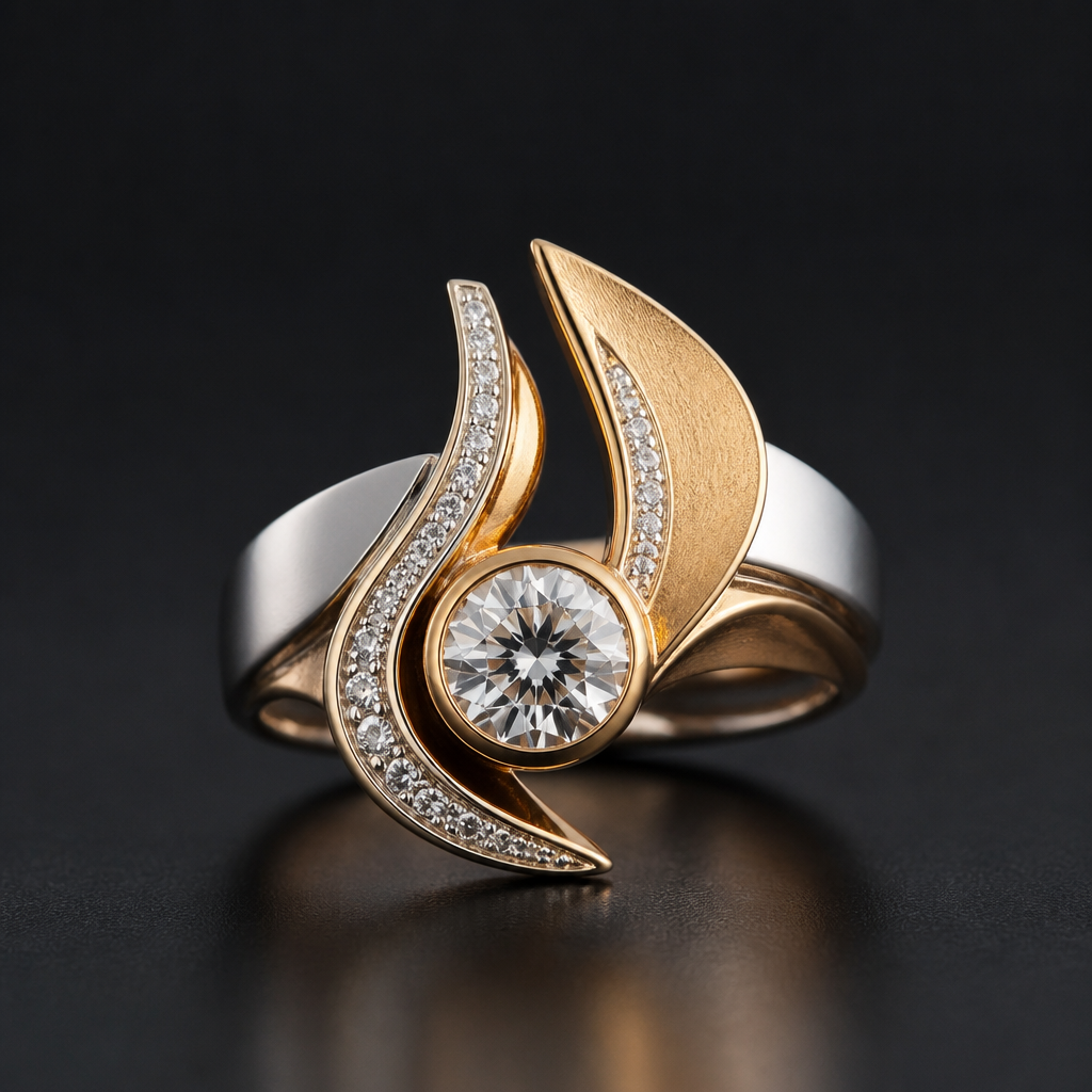A avant-garde women's ring made of mixed metal with diamond stones suitable for festival. An extraordinary excellent beautiful delicate and elegant solitaire women ring. Face of the ring.
photorealistic jewelry design, A avant-garde women's ring made of mixed metal with diamond stones suitable for festival. An extraordinary excellent beautiful delicate and elegant solitaire women ring. Face of the ring., avant_garde style, just the design no text