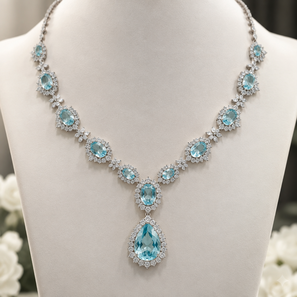 A luxury women's necklace with aquamarine stones suitable for gift
photorealistic jewelry design, A luxury women's necklace with aquamarine stones suitable for gift, luxury style, just the design no text