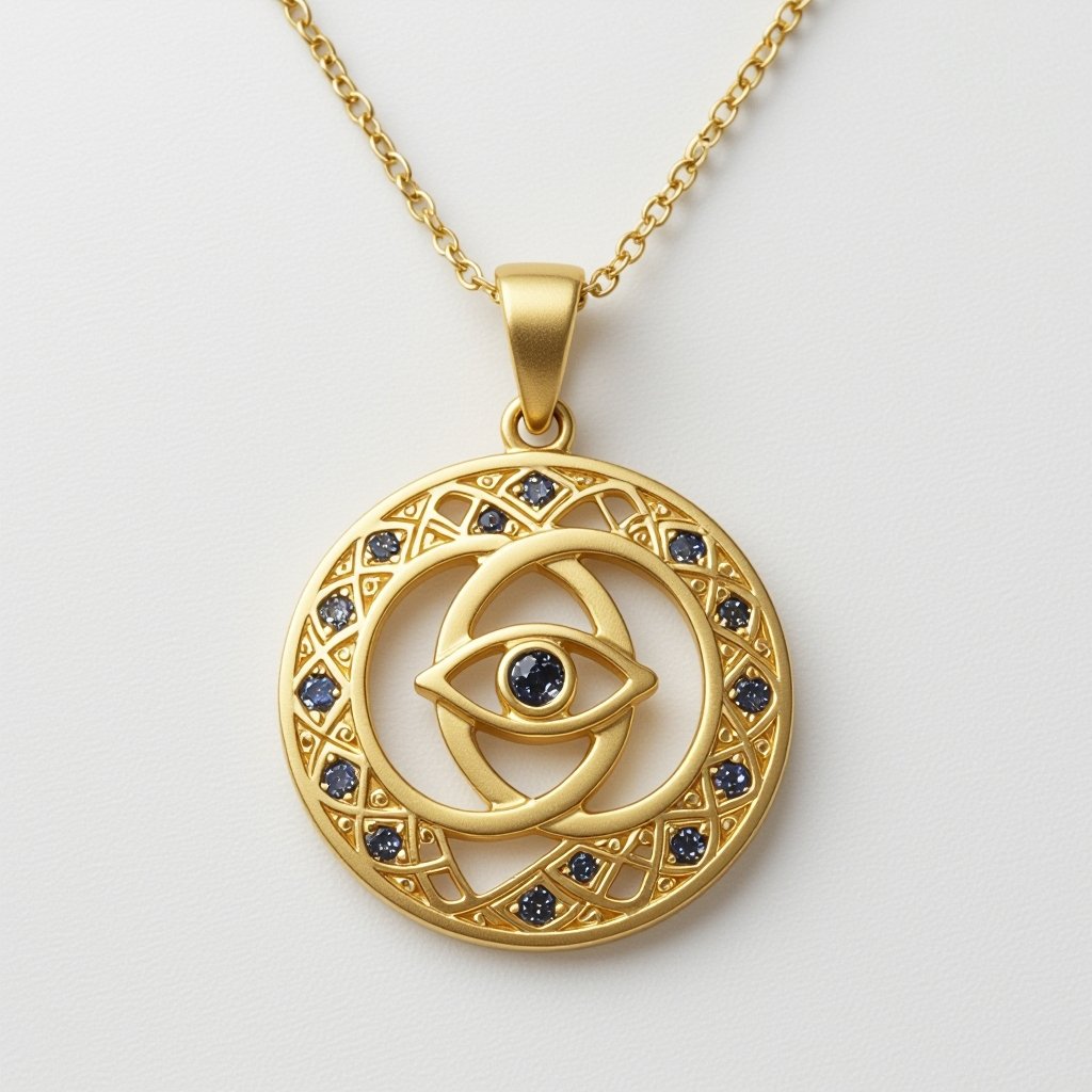 Подвеска из матового золота с узорами и мелкими необработанными матовыми камнями в форме двух пересекающихся окружностей и глаза между ними