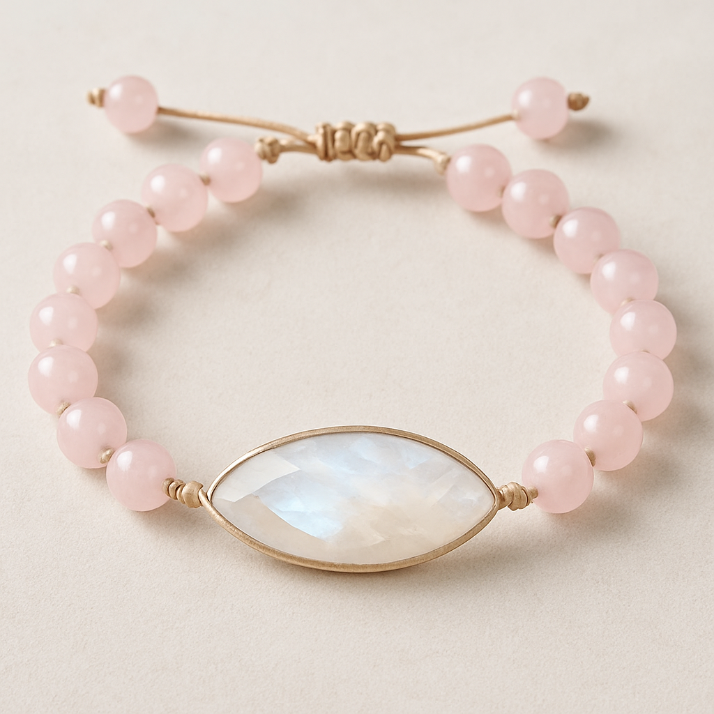 Pink quartz bracelet on string with elongated moonstone bigger stone in the center