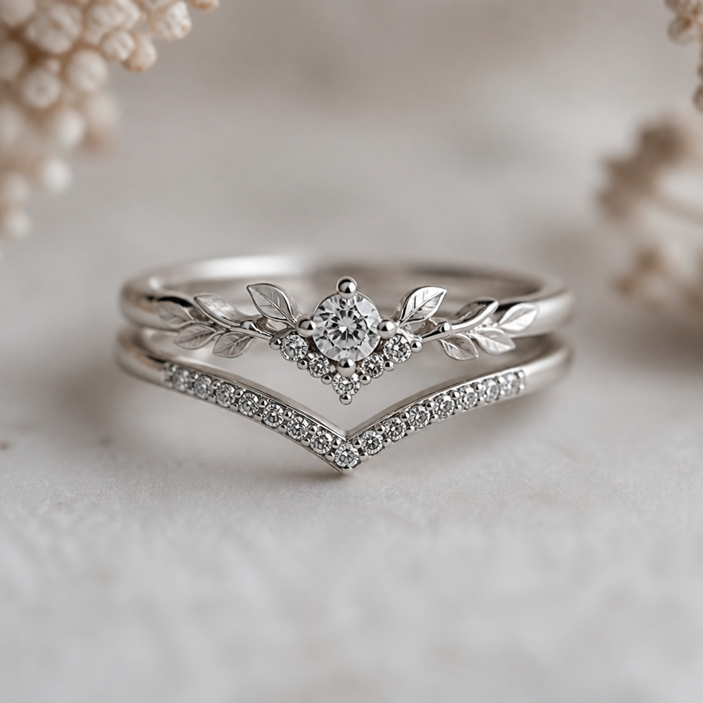 Silver ring set that consists of two rings with small white crystals
The lower ring should have a v form and small rhinestones on it
The upper ring should have a main stone in the middle that doesn't stand out too much and silver petals and small stones that underlines the main stone
photorealistic jewelry design, Silver ring set that consists of two rings with small white crystals
The lower ring should have a v form and small rhinestones on it
The upper ring should have a main stone in the middle that doesn't stand out too much and silver petals and small stones that underlines the main stone, nature_inspired style, just the design no text