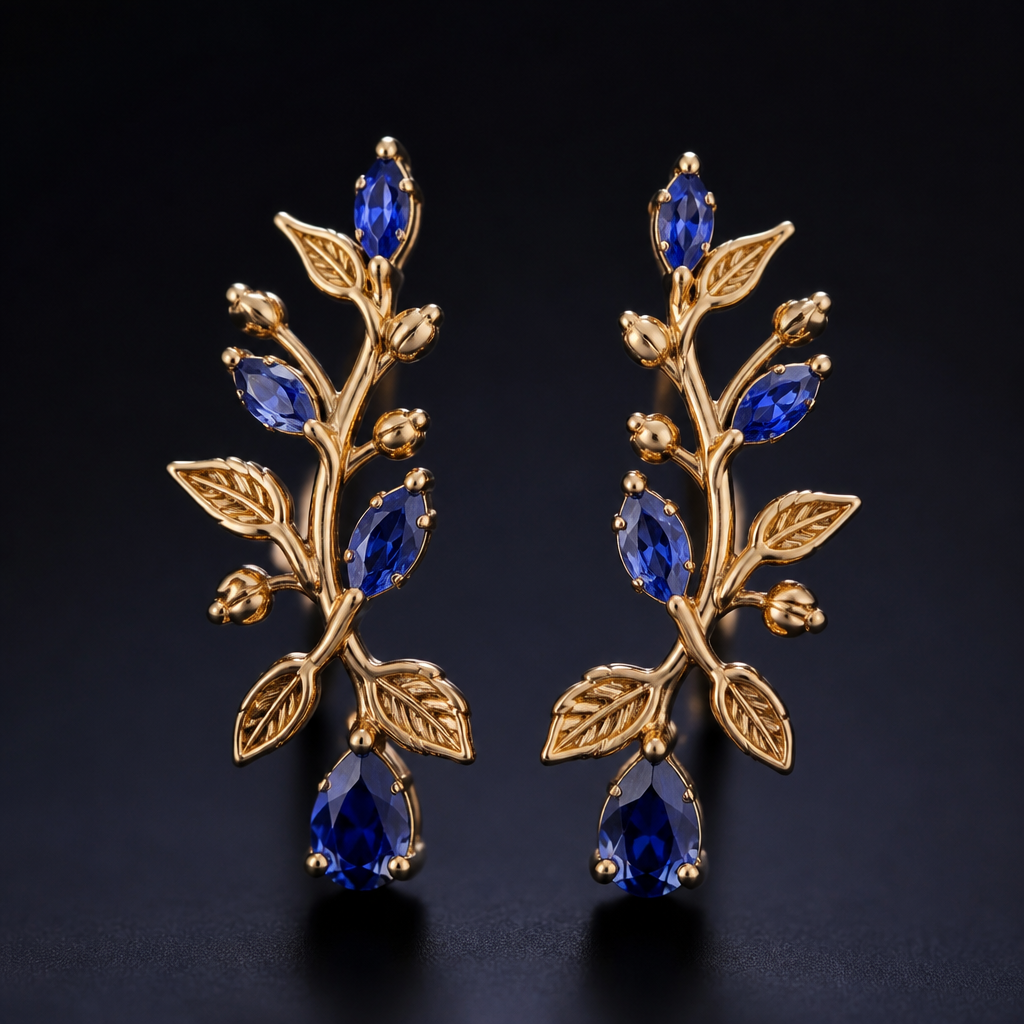 A nature women's earrings made of gold with sapphire stones
photorealistic jewelry design, A nature women's earrings made of gold with sapphire stones, nature_inspired style, just the design no text