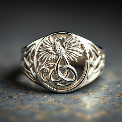 A platinum segnit ring with a Celtic phoenix and trinity knot symbol on it for men