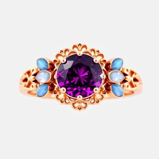 A simple rose gold engagement ring set with a circular alexandrite. Also set with a half moon blue chalcedony on one side, and a half moon moonstone set on the other side. On the inside of the band, it has an inscription reading, “Tuum. Et in hac vita et in altera.”