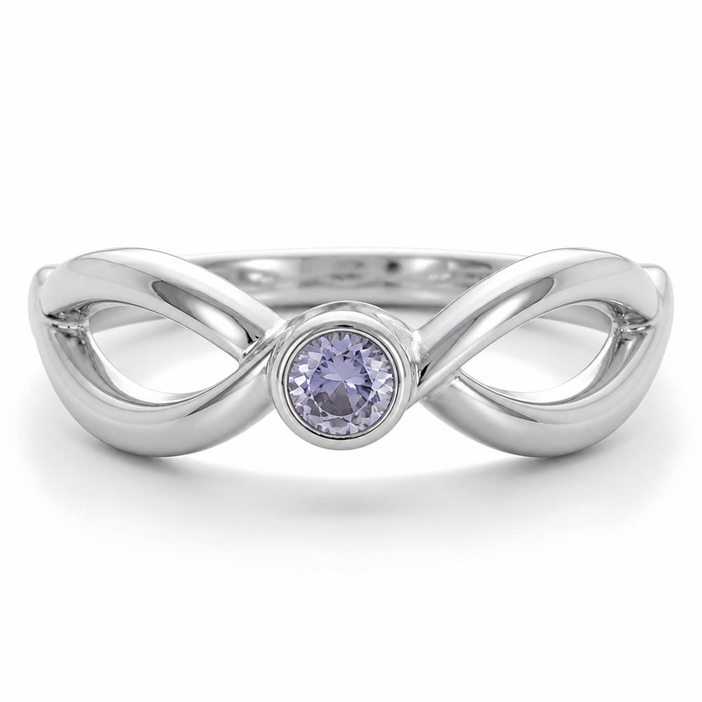 Silver ring band that looks like infinity sign with a light blue or purple stone
photorealistic jewelry design, Silver ring band that looks like infinity sign with a light blue or purple stone, just the design no text