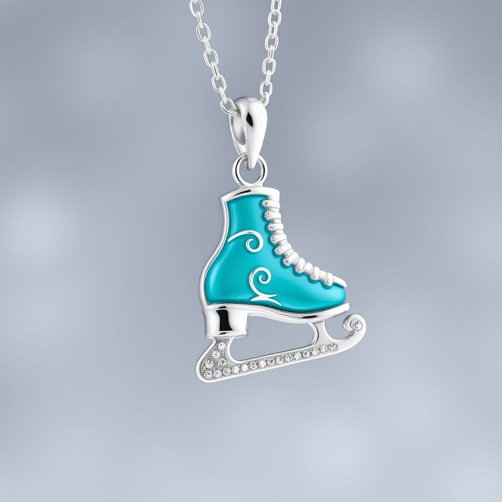 Pendant silver with stylized ice figure skating single skate with turquoise blade (bottom)