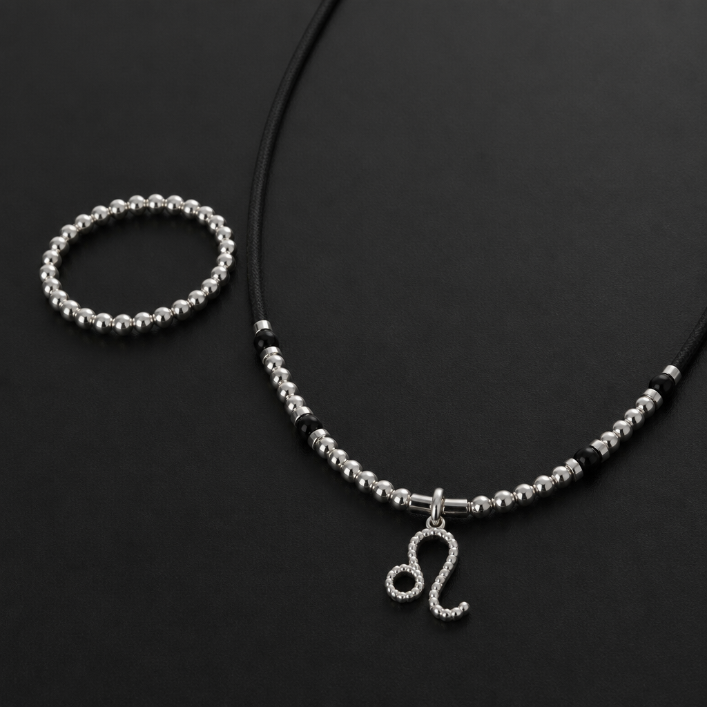 A beaded men's ring made of silver, ultra-minimalist, very simple and clean, understated, no embellishments. Create a men's necklace approximately 50-60 cm long on a cord with metal accents (spacers) and occasional black onyx. The necklace should feature a pendant with the Leo zodiac sign as an initial, without a background and not too large.
photorealistic jewelry design, A beaded men's ring made of silver, ultra-minimalist, very simple and clean, understated, no embellishments. Create a men's necklace approximately 50-60 cm long on a cord with metal accents (spacers) and occasional black onyx. The necklace should feature a pendant with the Leo zodiac sign as an initial, without a background and not too large., beaded style, just the design no text