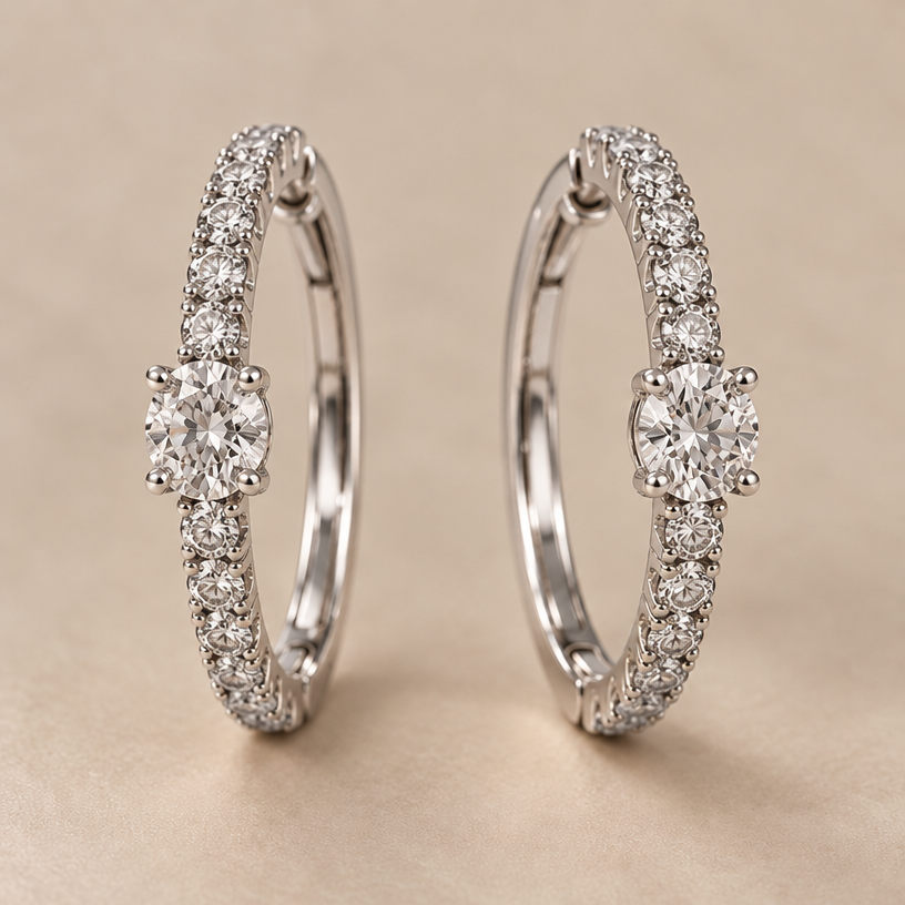 Make it in white gold, earrings should be oval in shape, center stone round
edit the attached jewelry design with these instructions: Make it in white gold, earrings should be oval in shape, center stone round. keep it photorealistic, just the design no text