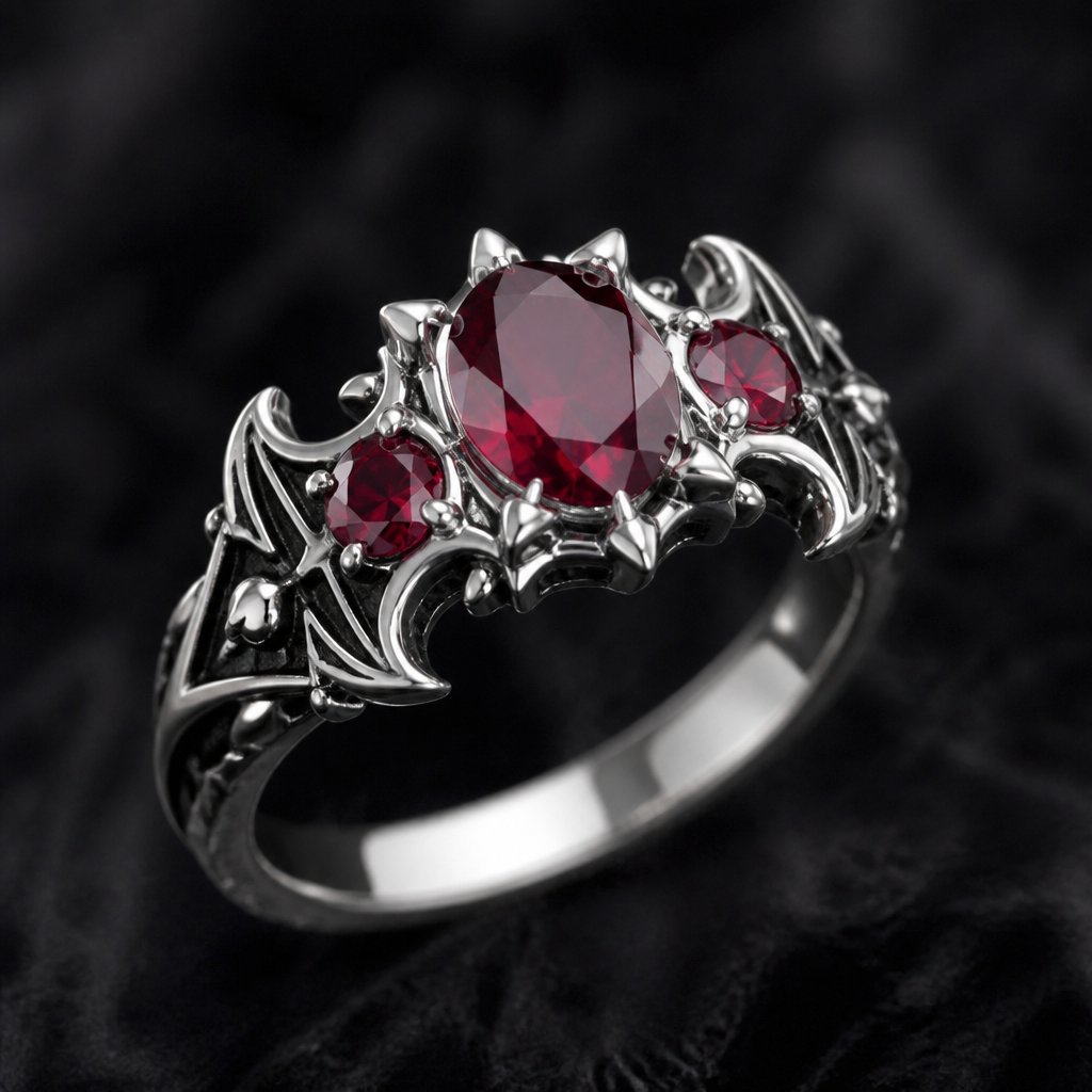 A gothic women's ring made of white gold with ruby stones suitable for birthday
photorealistic jewelry design, A gothic women's ring made of white gold with ruby stones suitable for birthday, gothic style, just the design no text