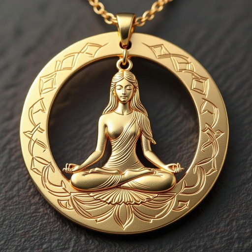 Золотой кулон в виде неровного круга в круге выгравирована женщина с длинными волосами в позе лотоса