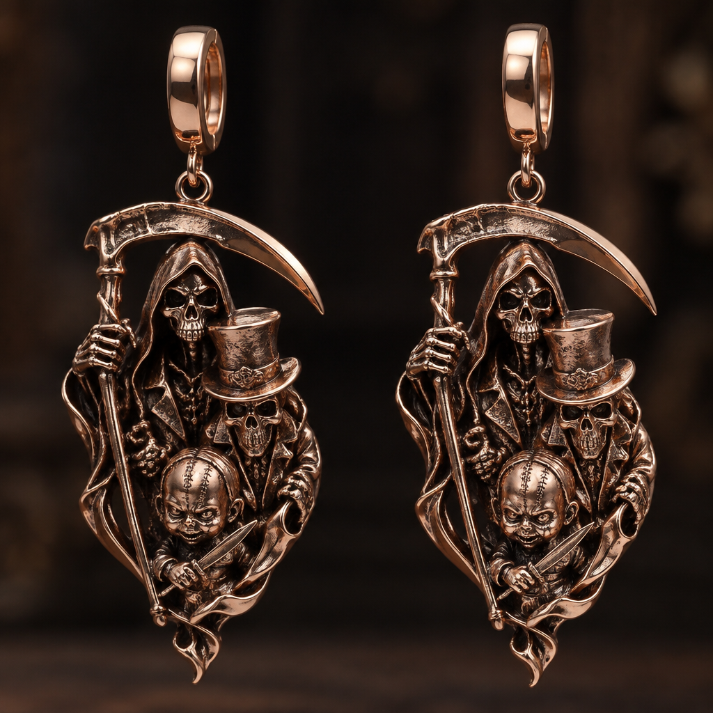 A rustic men's earrings made of rose gold suitable for formal. a reaper with a skeleton with the madhatter with chucky
photorealistic jewelry design, A rustic men's earrings made of rose gold suitable for formal. a reaper with a skeleton with the madhatter with chucky, rustic style, just the design no text