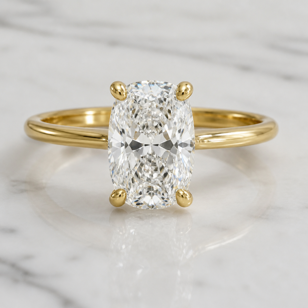 A women's ring with diamond stones. 3ct Elongated cushion cut stone
4 claw centre.
9ct yellow gold shank 1.5mm.
finger size I
photorealistic jewelry design, A women's ring with diamond stones. 3ct Elongated cushion cut stone
4 claw centre.
9ct yellow gold shank 1.5mm.
finger size I, modern style, just the design no text
