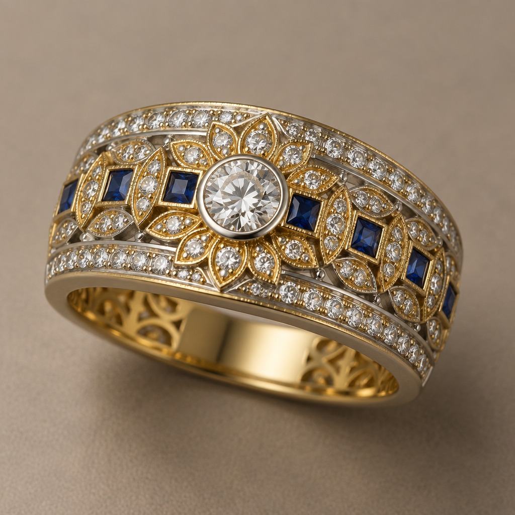 A ethnic women's ring made of mixed metal with diamond and sapphire stones. design ring using 33 .10 carat diamonds, 7 .10 carat square sapphires, and one .50 carat round diamond. metals should be white and yellow gold with a matte finish. do not cluster gems.
photorealistic jewelry design, A ethnic women's ring made of mixed metal with diamond and sapphire stones. design ring using 33 .10 carat diamonds, 7 .10 carat square sapphires, and one .50 carat round diamond. metals should be white and yellow gold with a matte finish. do not cluster gems., ethnic style, just the design no text
