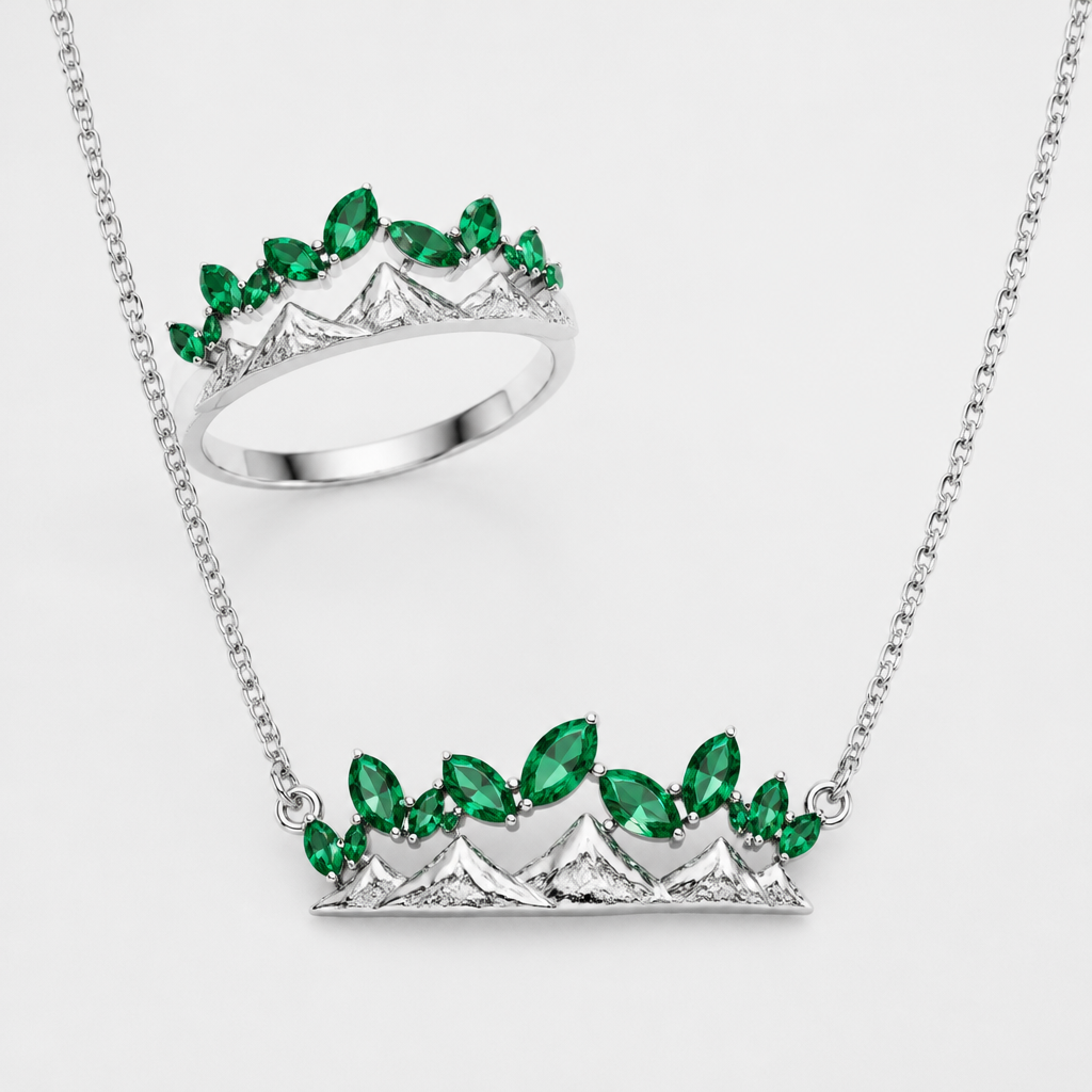A modern women's ring with emerald stones. un collar con concepto de montaña en la parte de abajo y los puntos verdes que son hojas verde.
photorealistic jewelry design, A modern women's ring with emerald stones. un collar con concepto de montaña en la parte de abajo y los puntos verdes que son hojas verde., modern style, just the design no text