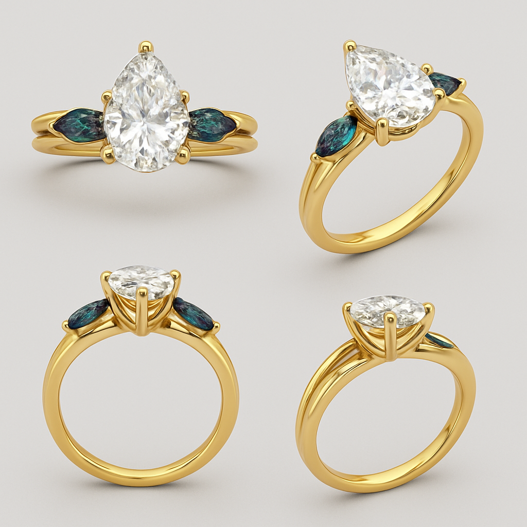 2 carat pear cut diamond with with claw prongs and marquise shaped alexandrite side stones set in a yellow split band with full design from all angles