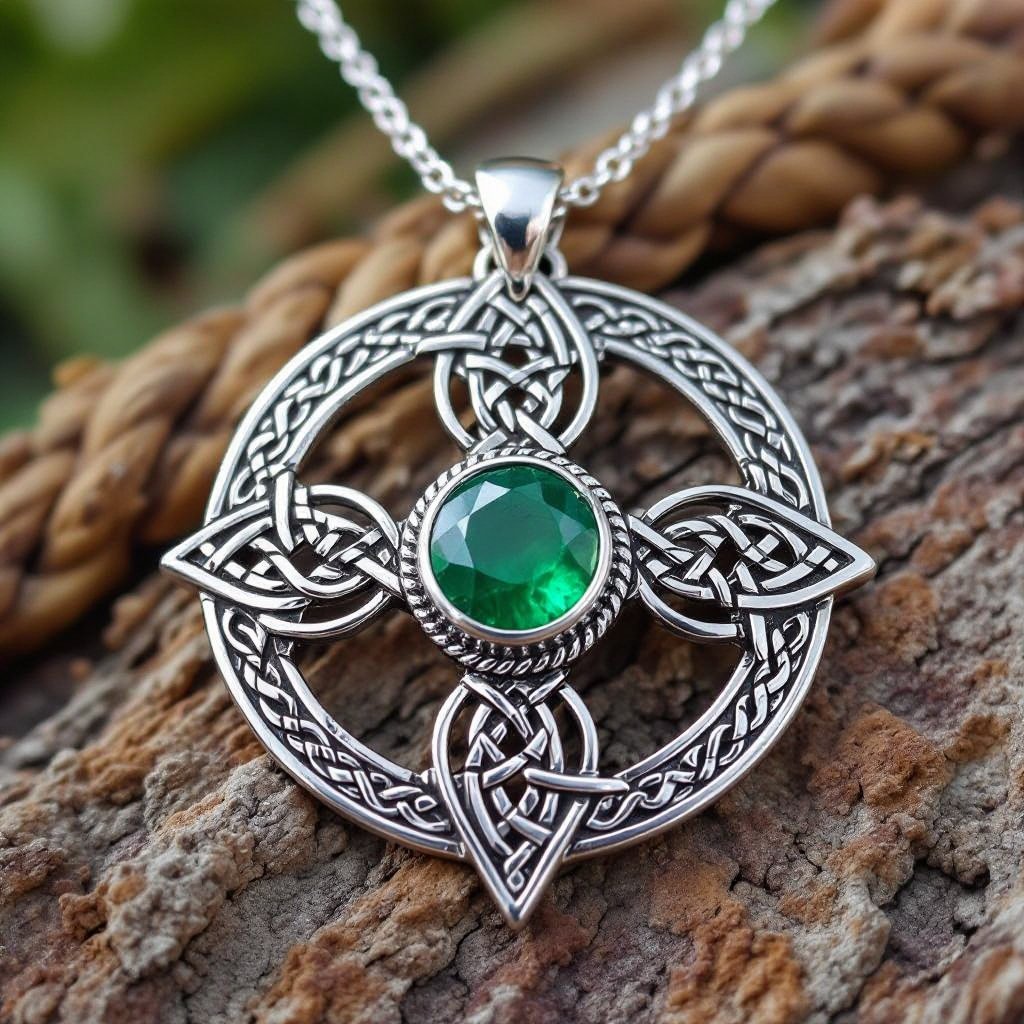 925 Sterling Silver necklace with 20K Emerald Green Stone adorned VVS with Triskelions