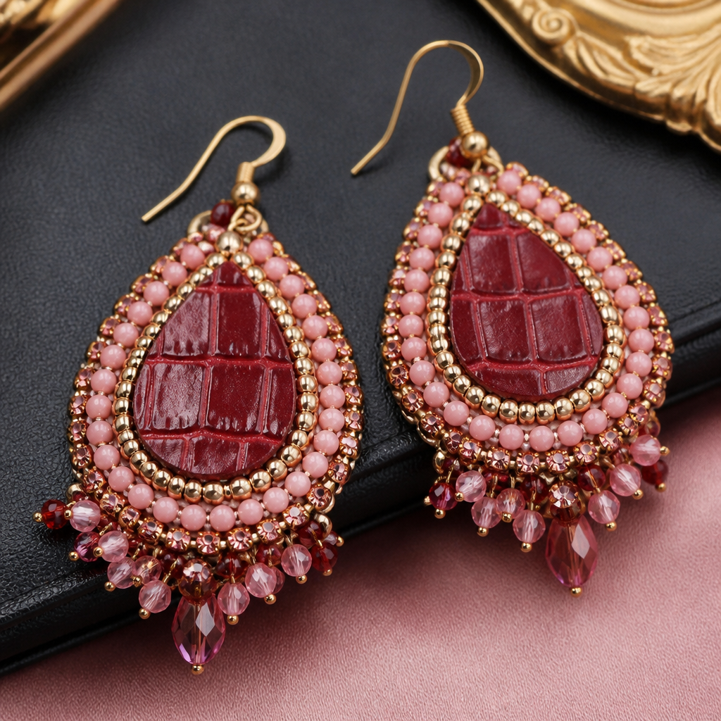 Create an artistic earring image using red embossed alligator in a tear drop shape that is pink leather image. Create a finished artistic design of an earring using embellishments and other materials that can be handmade in 1.5 hours or less. Overall image should have a luxurious appearance and eye catching.
photorealistic jewelry design, Create an artistic earring image using red embossed alligator in a tear drop shape that is pink leather image. Create a finished artistic design of an earring using embellishments and other materials that can be handmade in 1.5 hours or less. Overall image should have a luxurious appearance and eye catching., beaded style, just the design no text