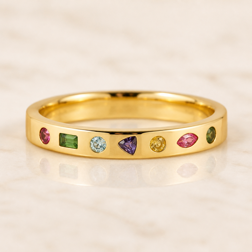 A cigar band 5mm wide, yellow gold with 5-8 small tourmaline gems imbedded. The gems are all different colors, different shapes, but roughly 1mm each.
photorealistic jewelry design, A cigar band 5mm wide, yellow gold with 5-8 small tourmaline gems imbedded. The gems are all different colors, different shapes, but roughly 1mm each. , classic style, just the design no text