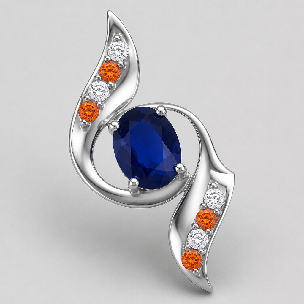 Have a navy blue sapphire as the main floating stone. In a ribbon look to the top left have 4 stone, two diamonds, two orange alternating. On the bottom right of main stone, mirror the top left stone setting
photorealistic jewelry design, Have a navy blue sapphire as the main floating stone. In a ribbon look to the top left have 4 stone, two diamonds, two orange alternating. On the bottom right of main stone, mirror the top left stone setting, floating style, just the design no text